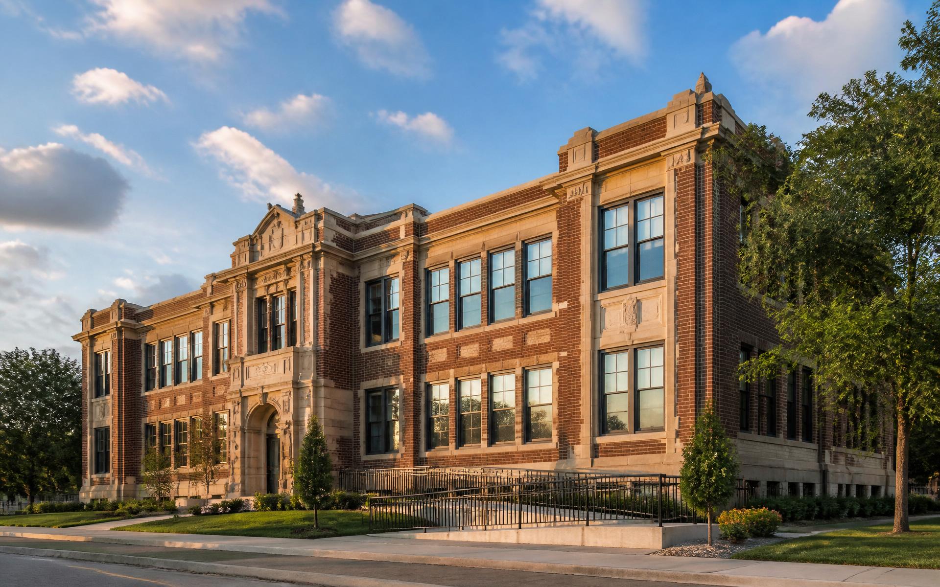 A restored civic housing complex with new windows and an accessible entrance at golden hour