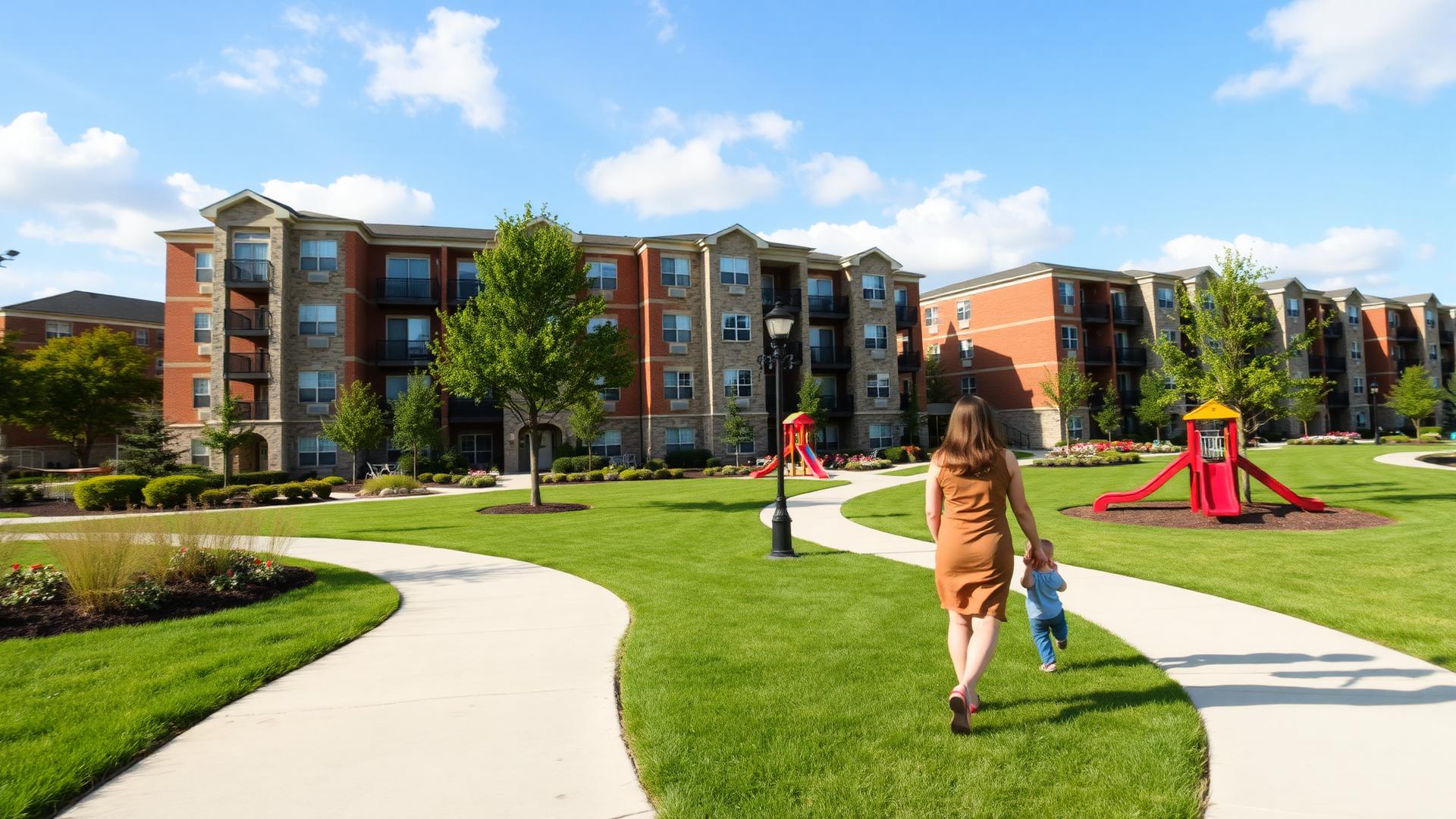 Resident mother and child walking through a landscaped government housing community with apartment buildings and a playground